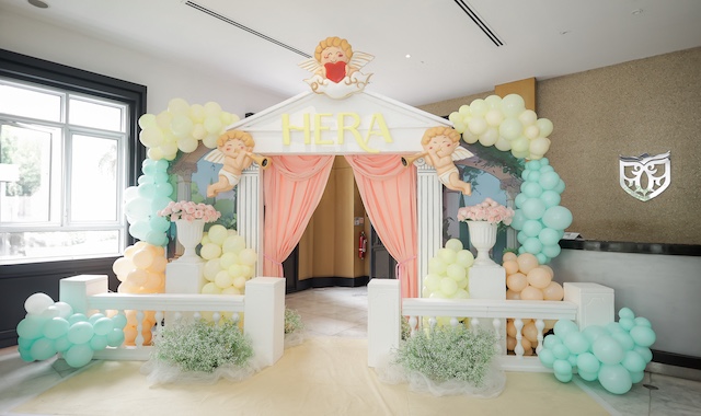 Greek Goddess themed entrance with Hera and columns